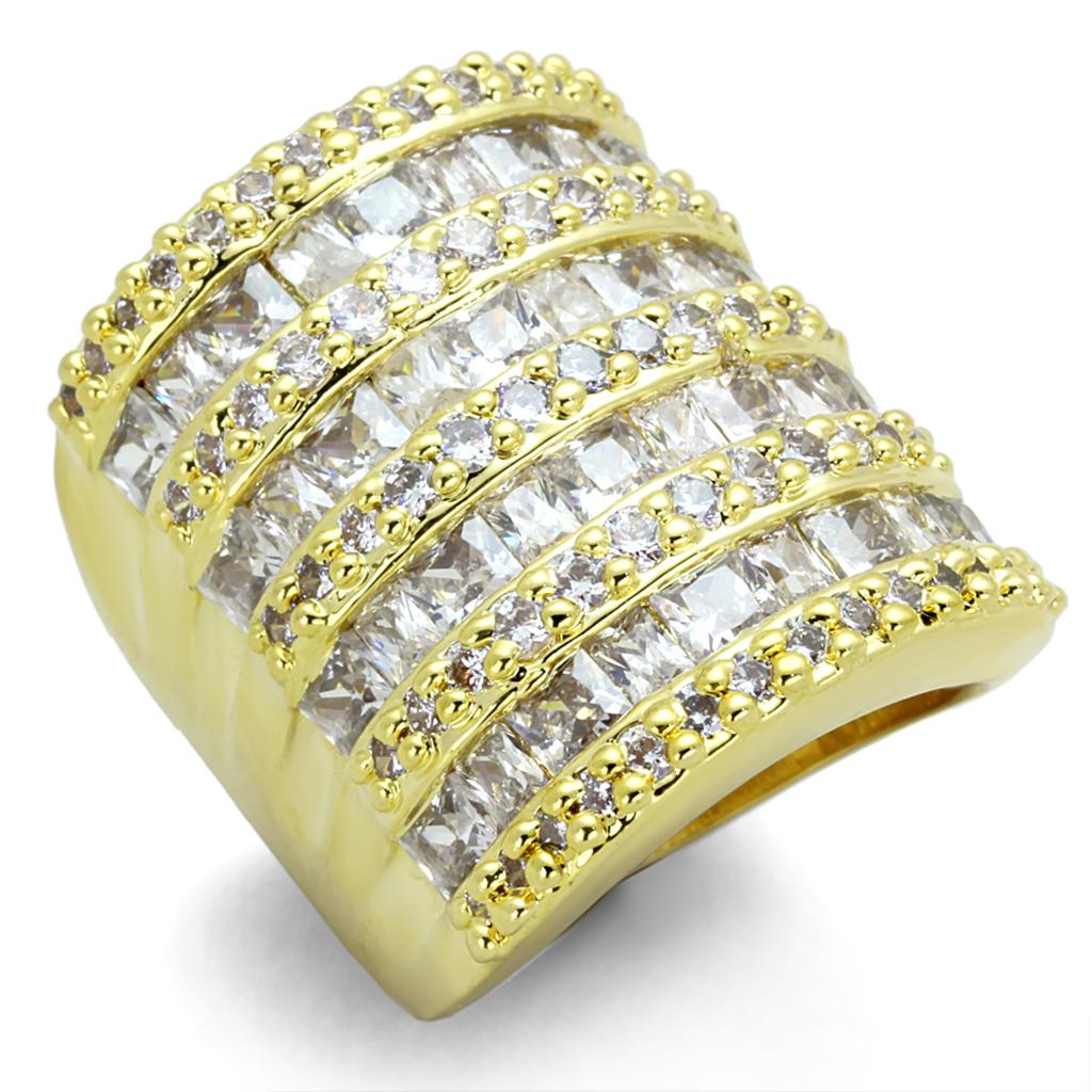 LO3359 Gold Brass Ring featuring AAA Grade Clear CZ, showcasing its elegant design and sparkling stone.