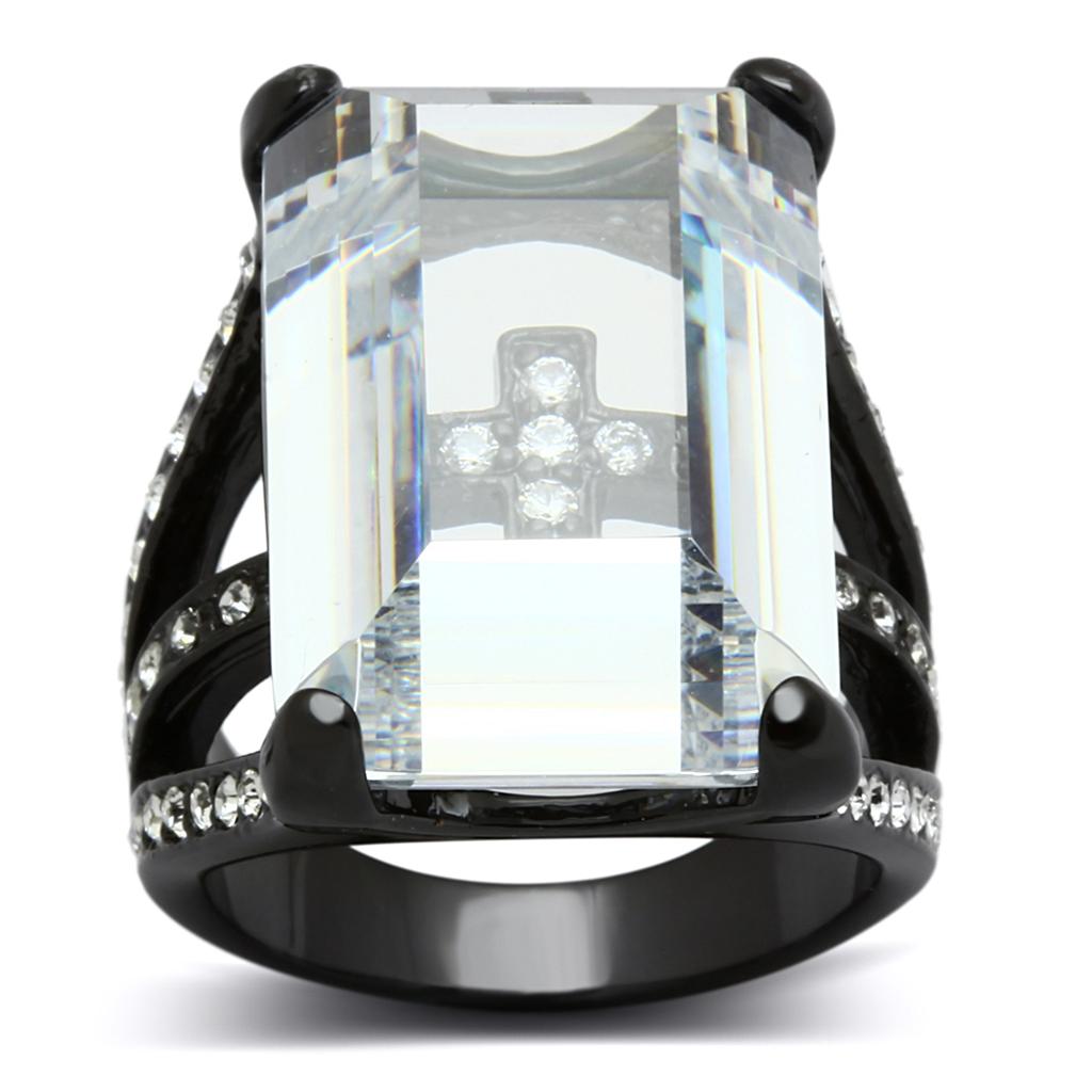 LO3593 TIN Cobalt Black Brass Ring featuring a clear AAA Grade CZ center stone, showcasing a modern and elegant design.