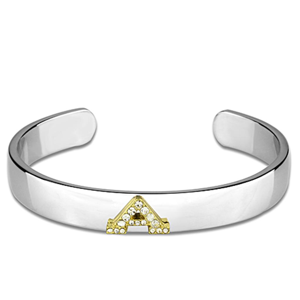 LO3611 Reverse Two-Tone White Metal Bangle featuring a clear top grade crystal, showcasing its elegant design and craftsmanship.