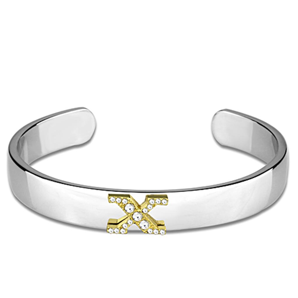 LO3634 Reverse Two-Tone White Metal Bangle featuring a clear top grade crystal, showcasing its elegant design and craftsmanship.