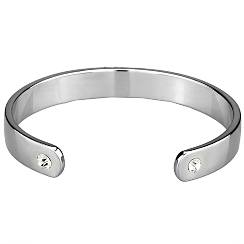 LO3634 Reverse Two-Tone White Metal Bangle featuring a clear top grade crystal, showcasing its elegant design and craftsmanship.