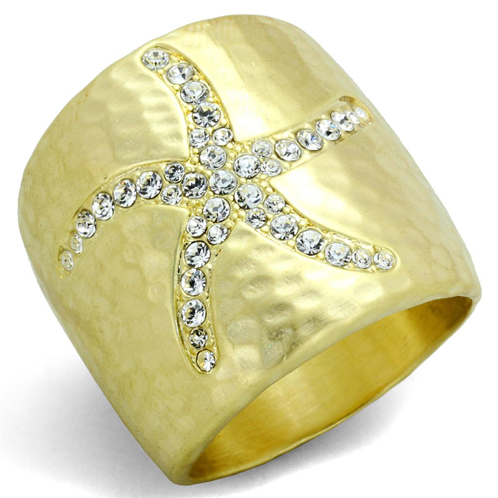 LO3637 Gold & Brush Brass Ring featuring a clear top grade crystal, showcasing its elegant design and luxurious finish.