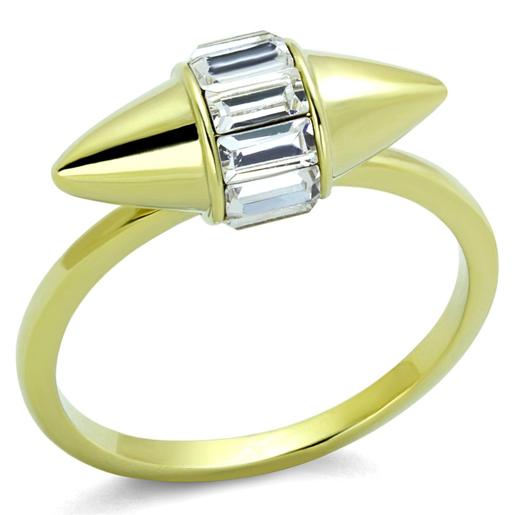 LO3657 Gold Brass Ring featuring a sparkling clear top grade crystal, elegantly designed for any occasion.
