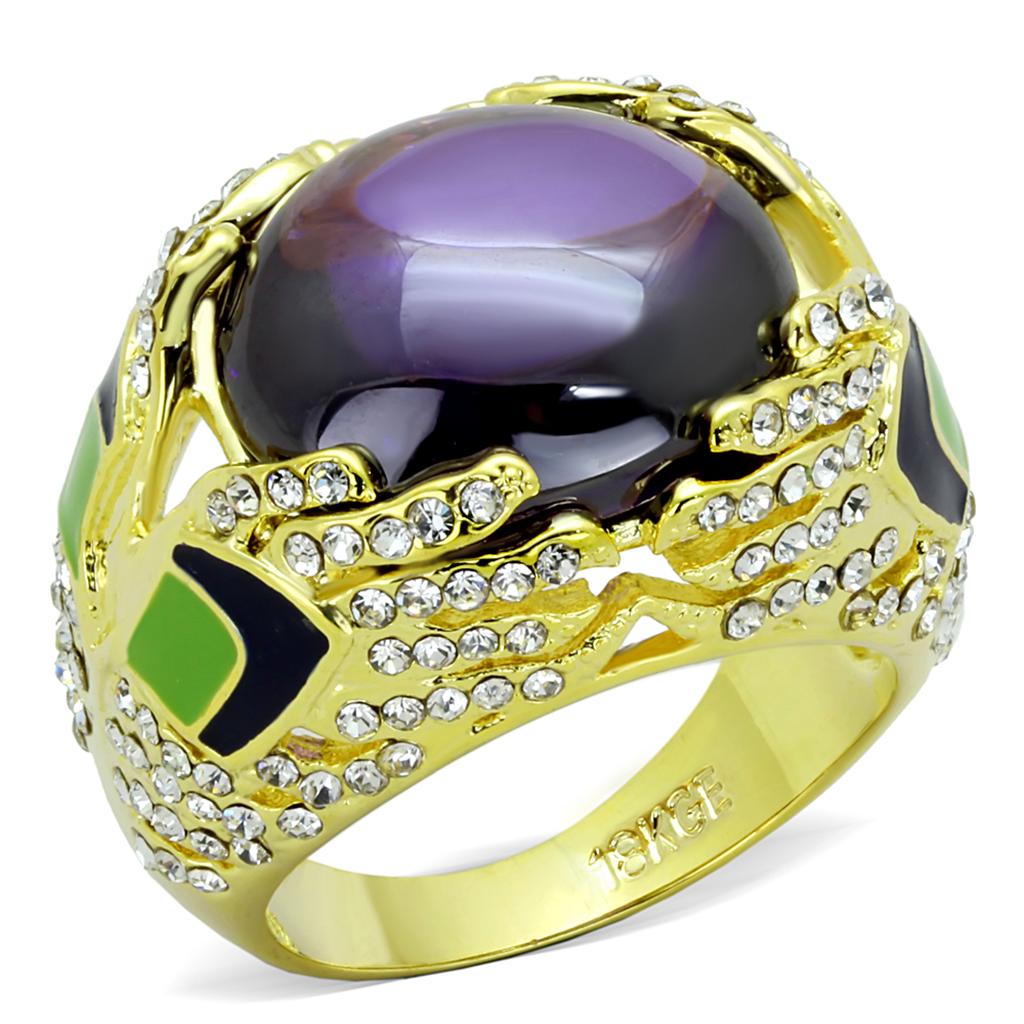 LO3367 Gold Brass Ring featuring AAA Grade CZ in Amethyst, showcasing its elegant design and vibrant color.