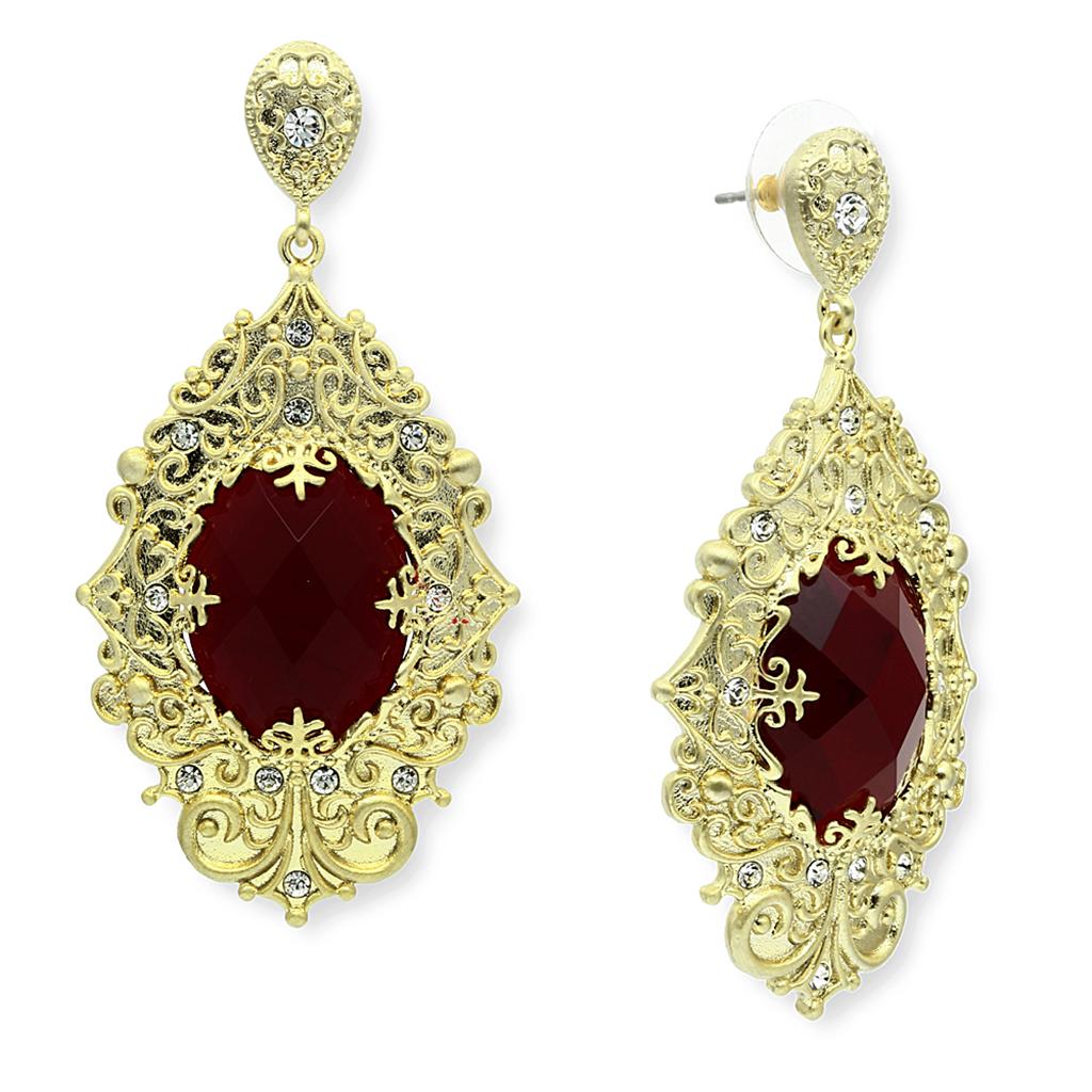 Elegant Gold & Brush Brass Earrings featuring vibrant Siam Synthetic Glass center stone, perfect for any occasion.