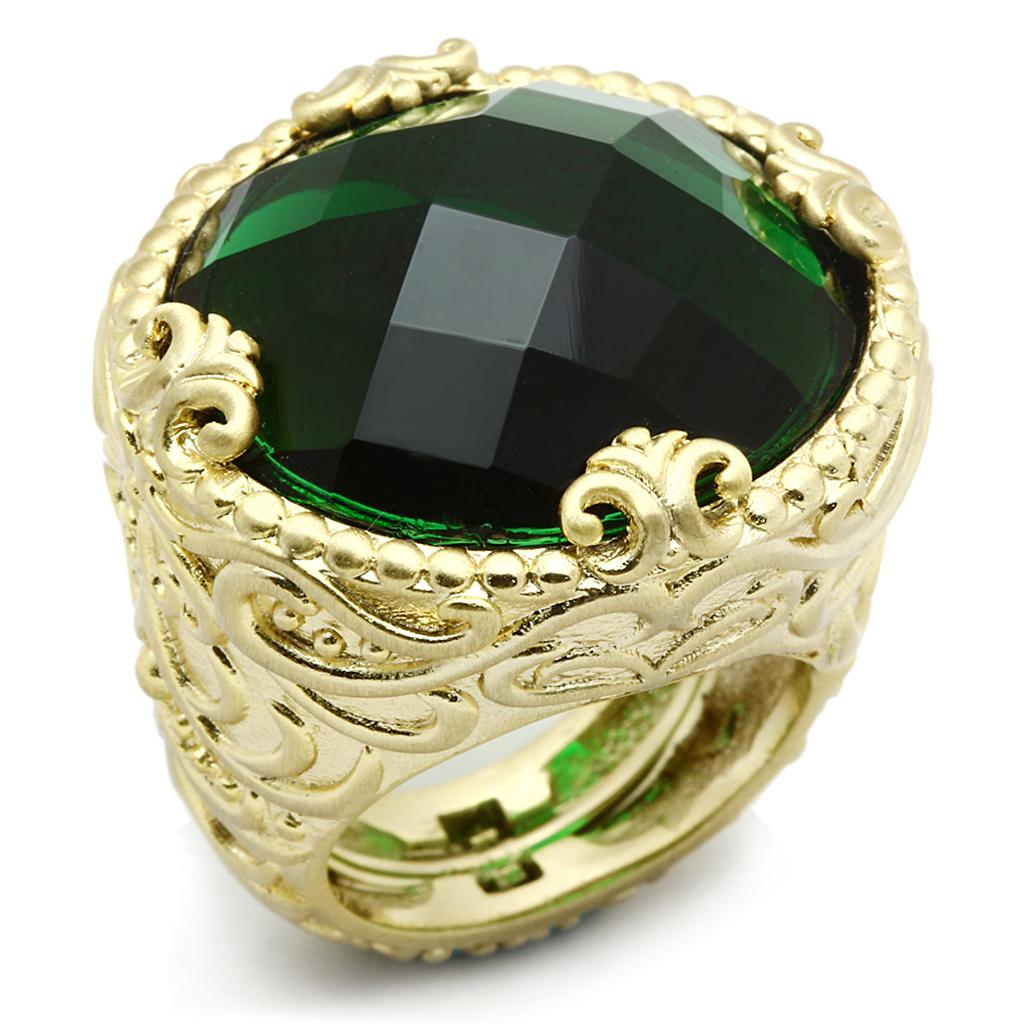 LO3675 Gold & Brush Brass Ring featuring an emerald synthetic glass center stone, showcasing elegance and modern design.
