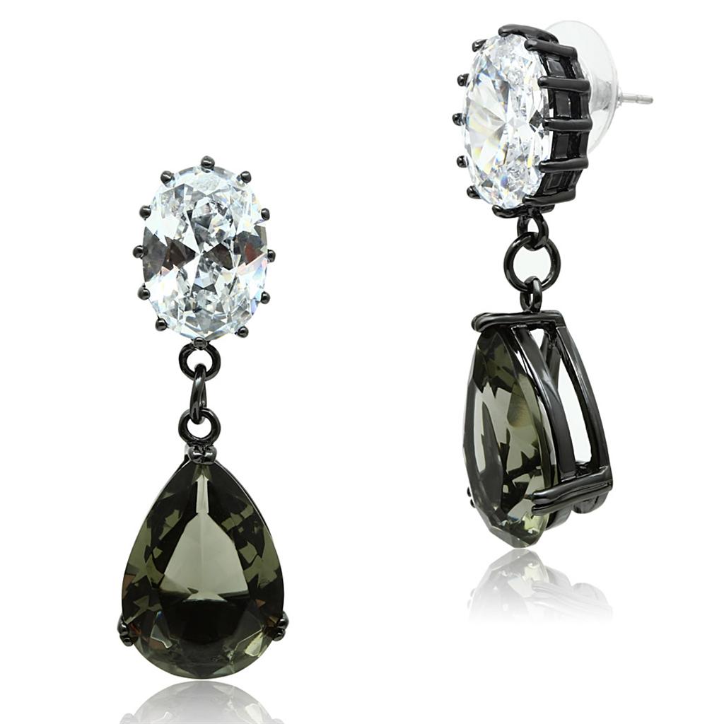 Elegant LO3689 Ruthenium Brass Earrings featuring synthetic glass stones in black diamond color.