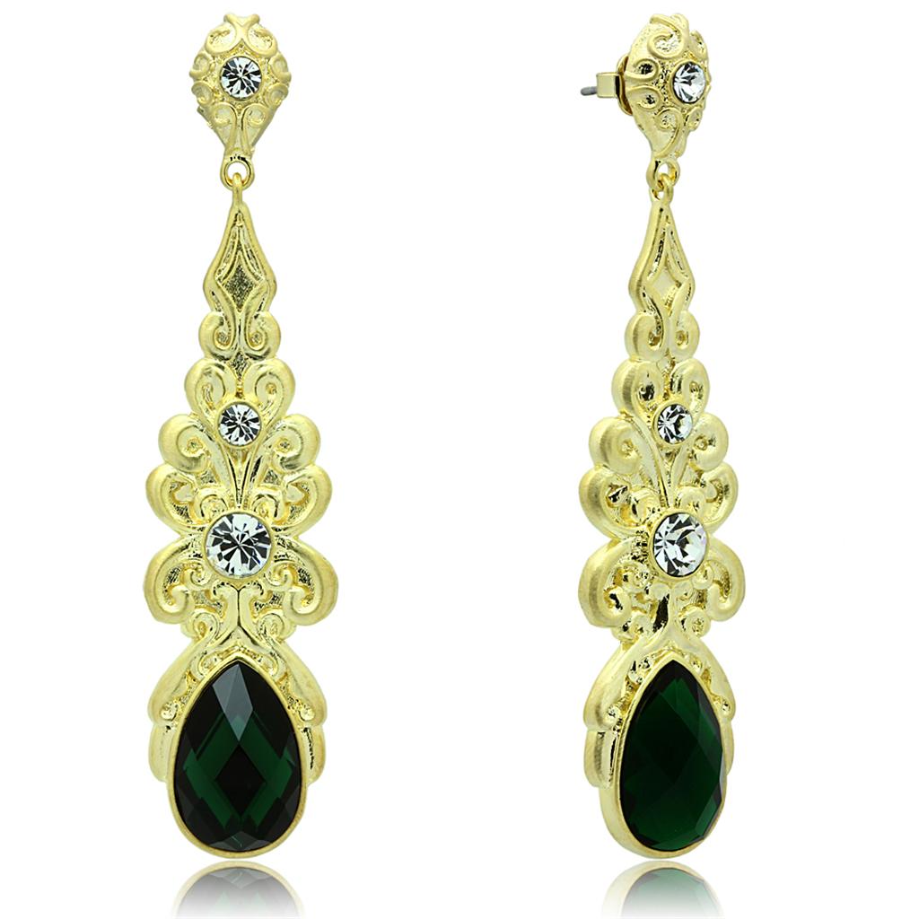 Elegant LO3669 Gold & Brush Brass Earrings featuring synthetic emerald glass stones, perfect for any occasion.