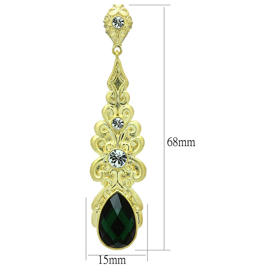 Elegant LO3669 Gold & Brush Brass Earrings featuring synthetic emerald glass stones, perfect for any occasion.