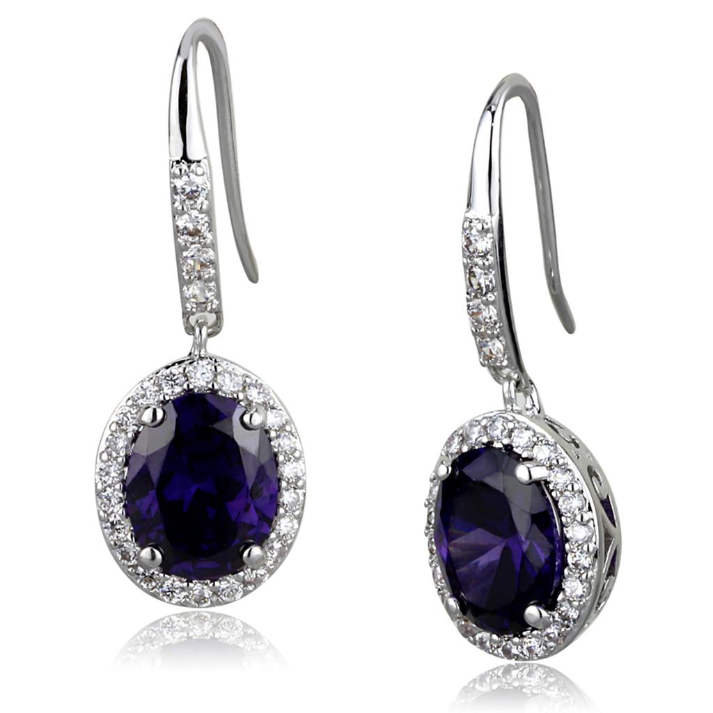 Elegant LO3771 Rhodium Brass Earrings featuring AAA Grade CZ in Amethyst color, showcasing their stunning design and craftsmanship.