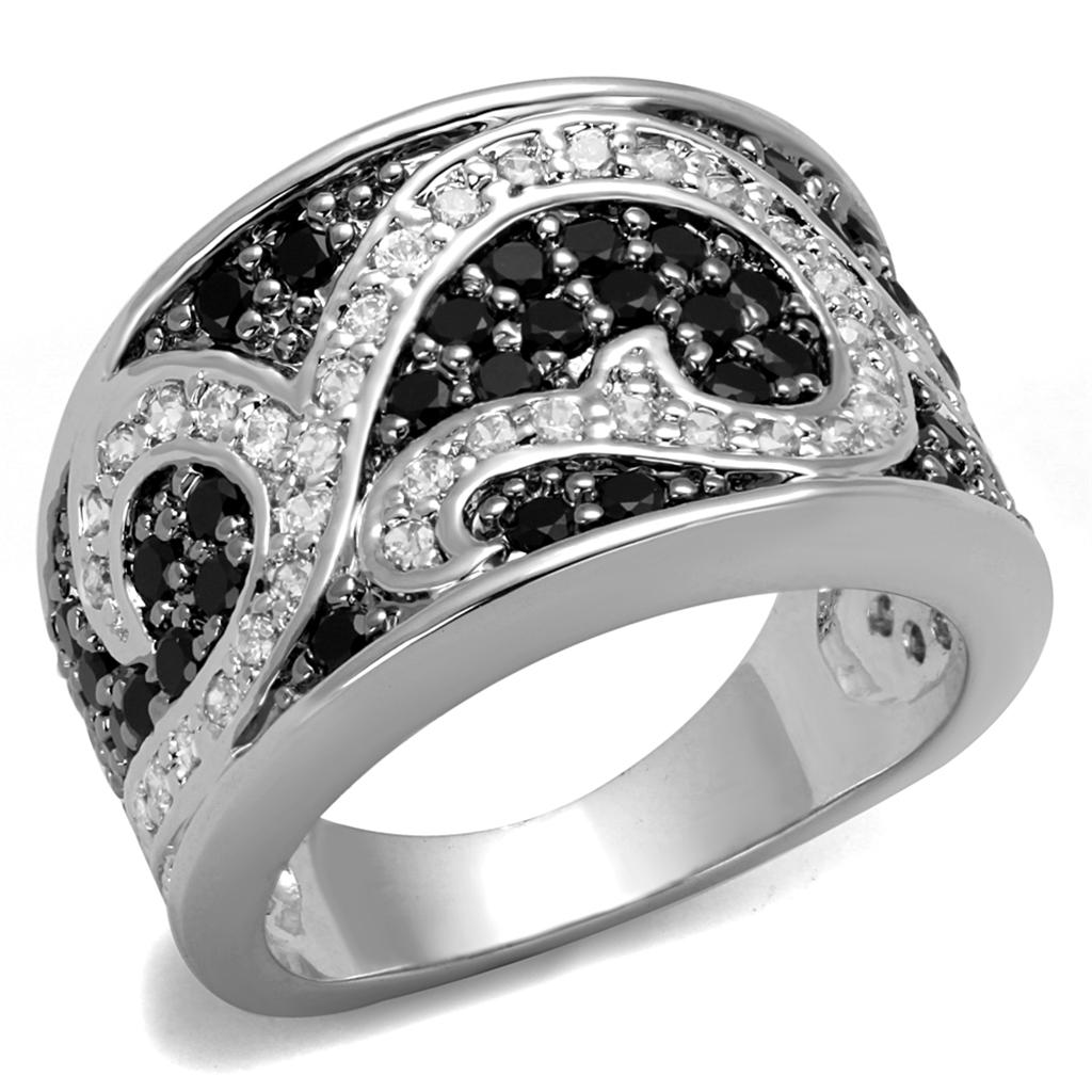 LO3739 Rhodium and Ruthenium Brass Ring featuring a black AAA Grade CZ center stone, showcasing elegance and sophistication.