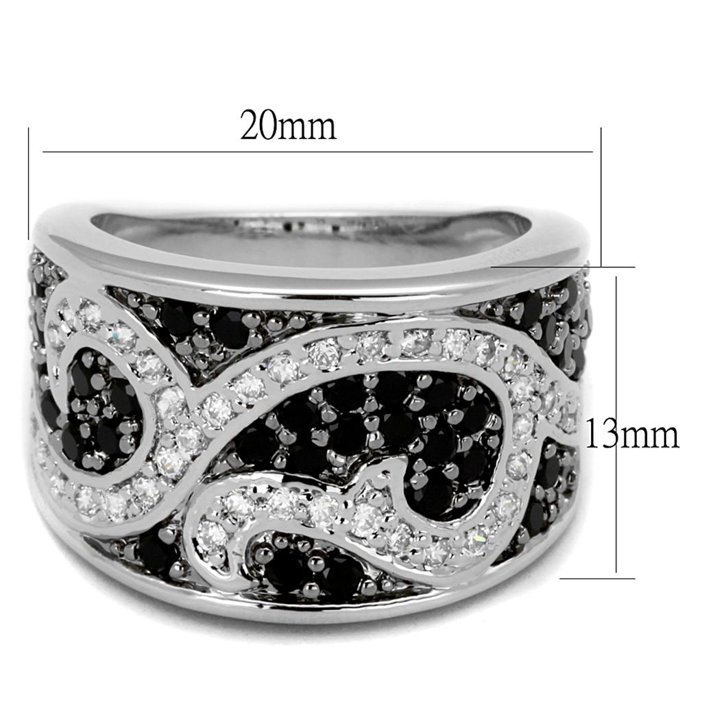 LO3739 Rhodium and Ruthenium Brass Ring featuring a black AAA Grade CZ center stone, showcasing elegance and sophistication.