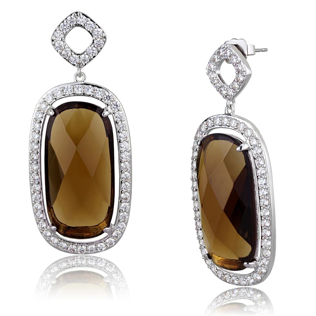 Elegant LO3753 Rhodium Brass Earrings featuring a brown synthetic glass center stone, perfect for any occasion.