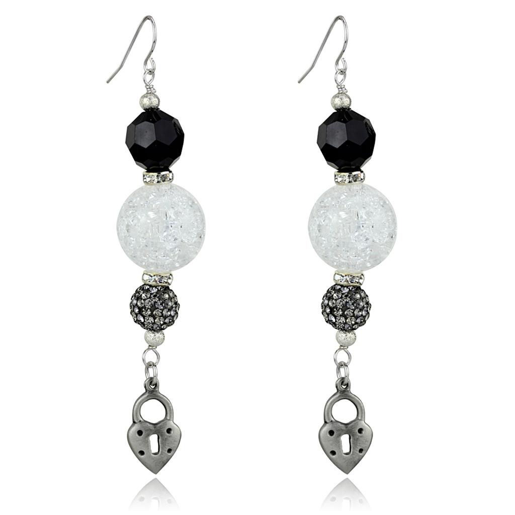LO3800 Antique Silver White Metal Earrings featuring a synthetic glass center stone in jet color, showcasing intricate design and vintage charm.