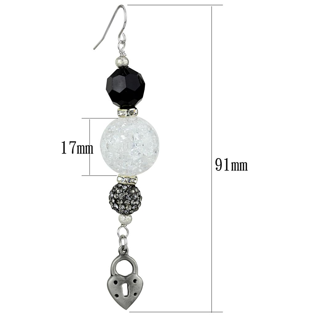 LO3800 Antique Silver White Metal Earrings featuring a synthetic glass center stone in jet color, showcasing intricate design and vintage charm.