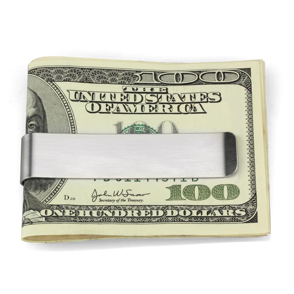 High polished stainless steel money clip with a sleek design, ideal for secure cash storage.