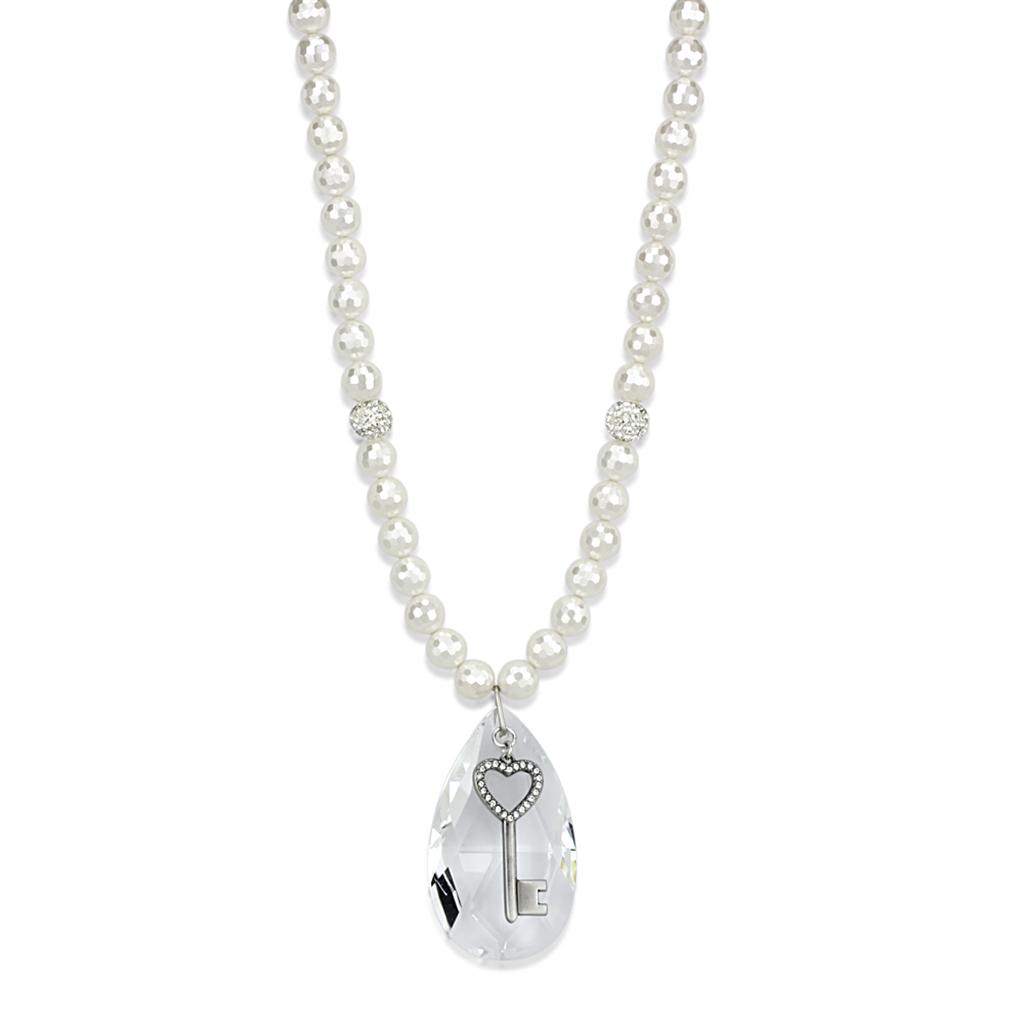 LO3819 Antique Silver White Metal Necklace featuring a clear synthetic glass stone, showcasing its elegant design and antique finish.