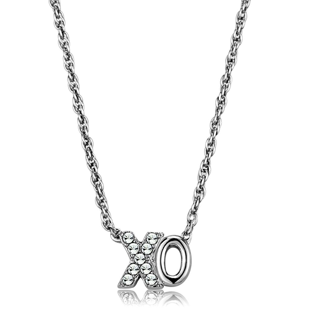 LO3845 Rhodium Brass Necklace featuring a clear top grade crystal, showcasing its elegant design and lightweight structure.