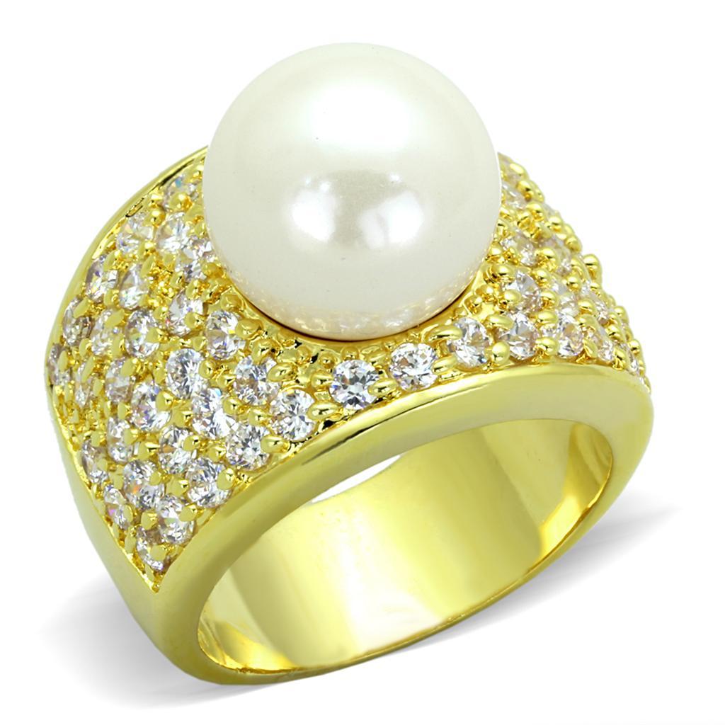 LO3385 Gold Brass Ring featuring a synthetic white pearl, elegantly designed for any occasion.