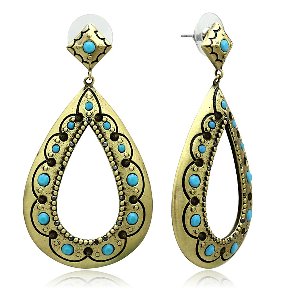 LO3850 Antique Copper Brass Earrings featuring a turquoise top-grade crystal centerpiece, showcasing vintage elegance.