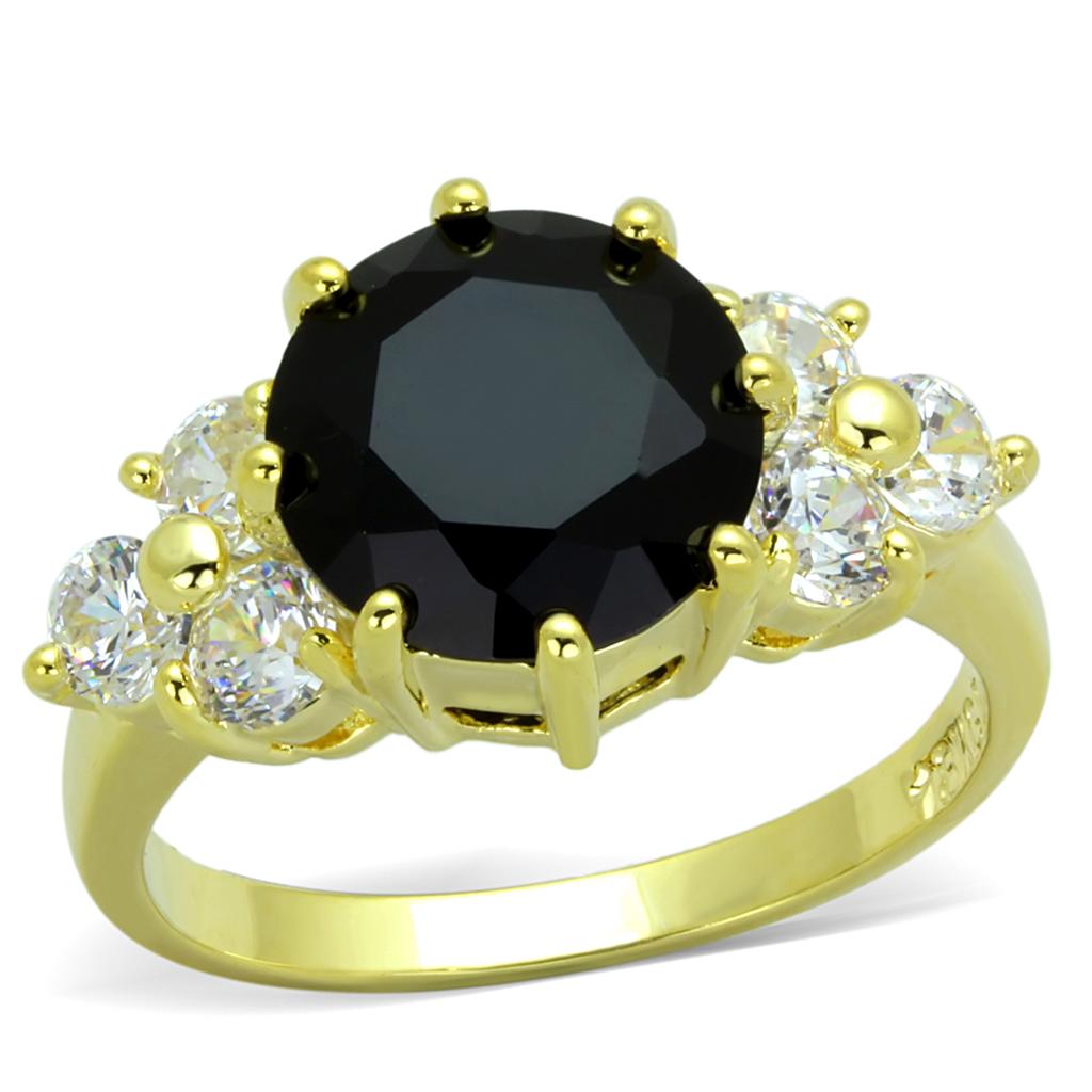 LO3386 Gold Brass Ring featuring a synthetic glass stone in jet color, showcasing a luxurious gold finish.