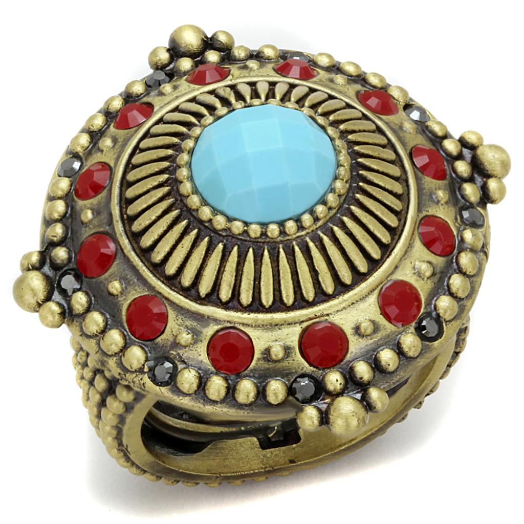 Antique Copper Brass Ring featuring a vibrant synthetic turquoise stone, showcasing a unique vintage design.