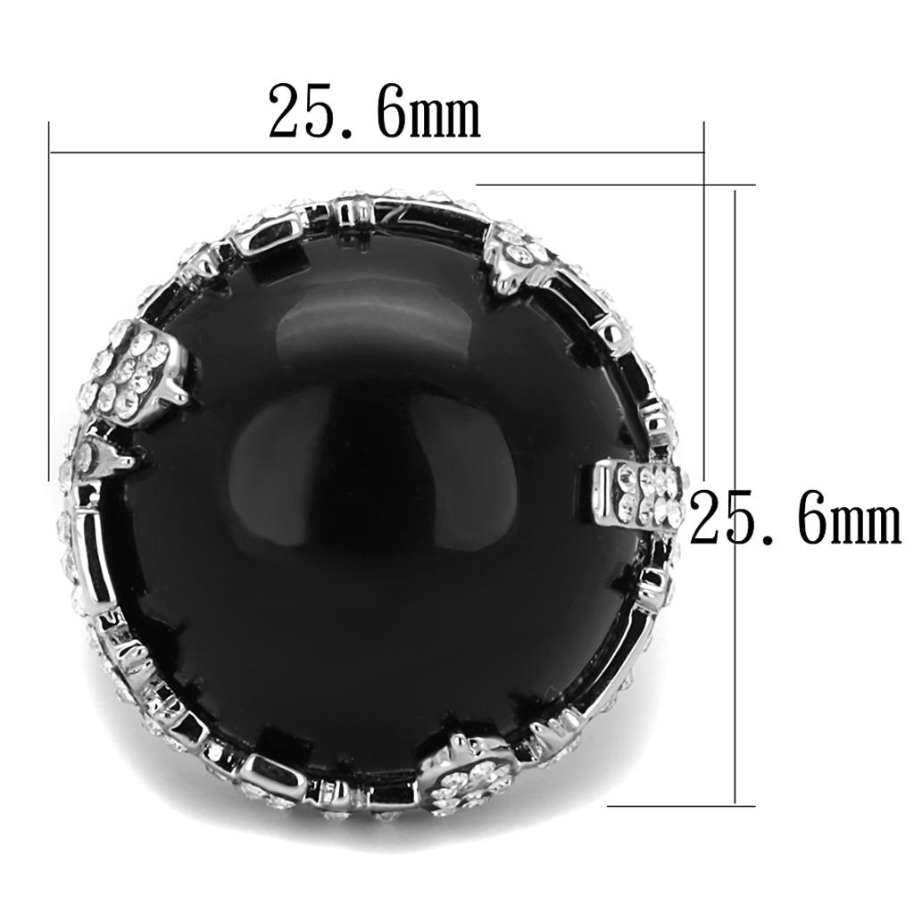 LO3911 Rhodium Brass Ring featuring a synthetic Cat Eye stone in jet color, showcasing its elegant design and luxurious finish.