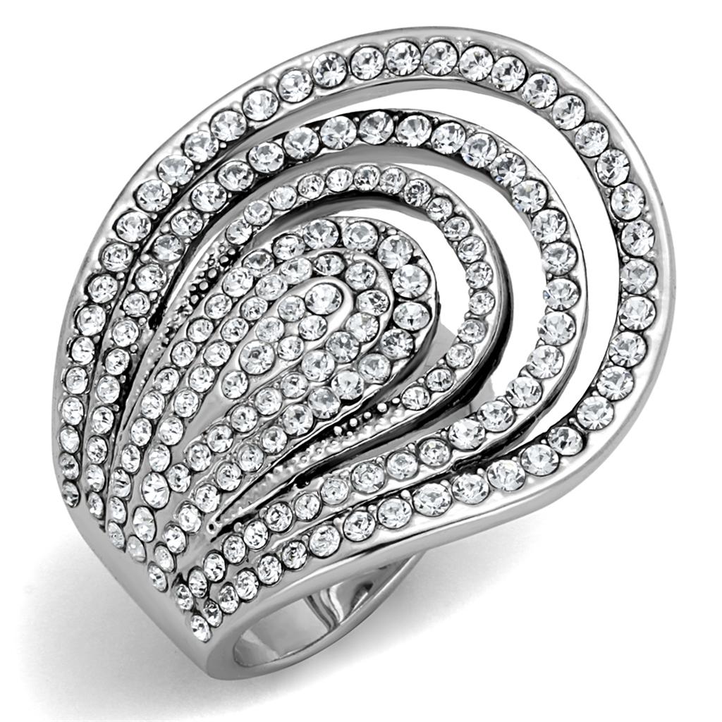 LO3914 Rhodium Brass Ring featuring a clear top-grade crystal, showcasing its elegant design and shiny finish.