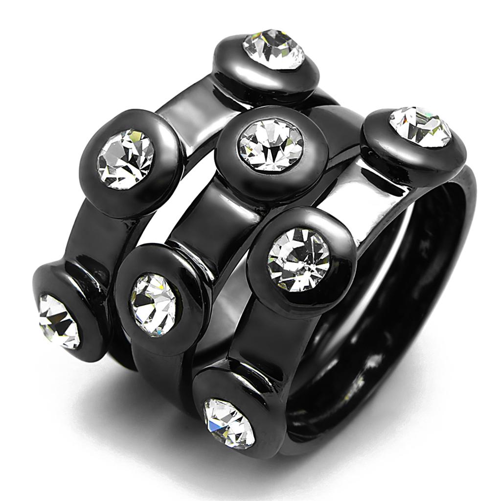 LO3916 TIN Cobalt Black Brass Ring featuring a clear top grade crystal, showcasing its elegant design and modern finish.