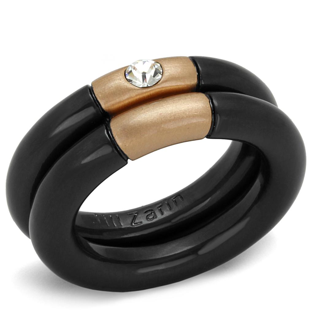 LO3919 Rose Gold and Ruthenium Brass Ring featuring a clear top grade crystal, elegantly designed for sophistication.
