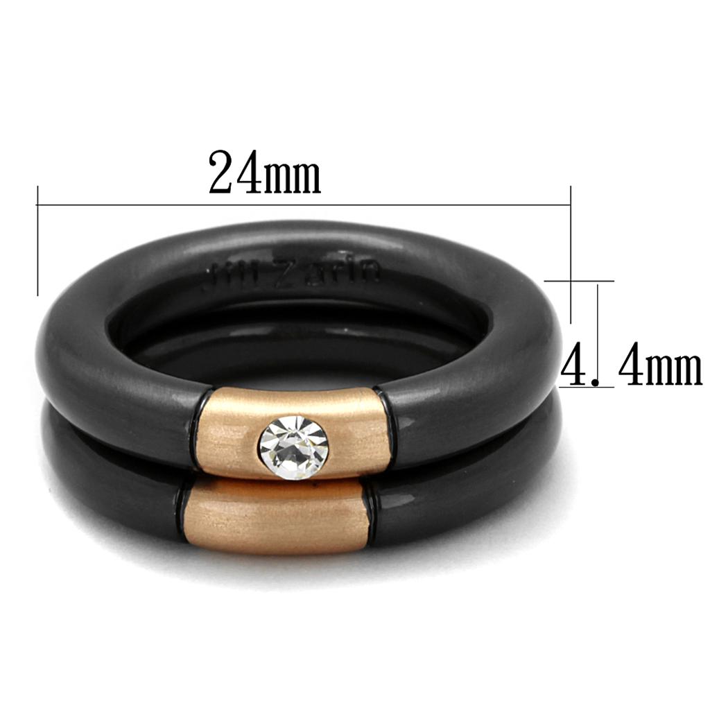 LO3919 Rose Gold and Ruthenium Brass Ring featuring a clear top grade crystal, elegantly designed for sophistication.