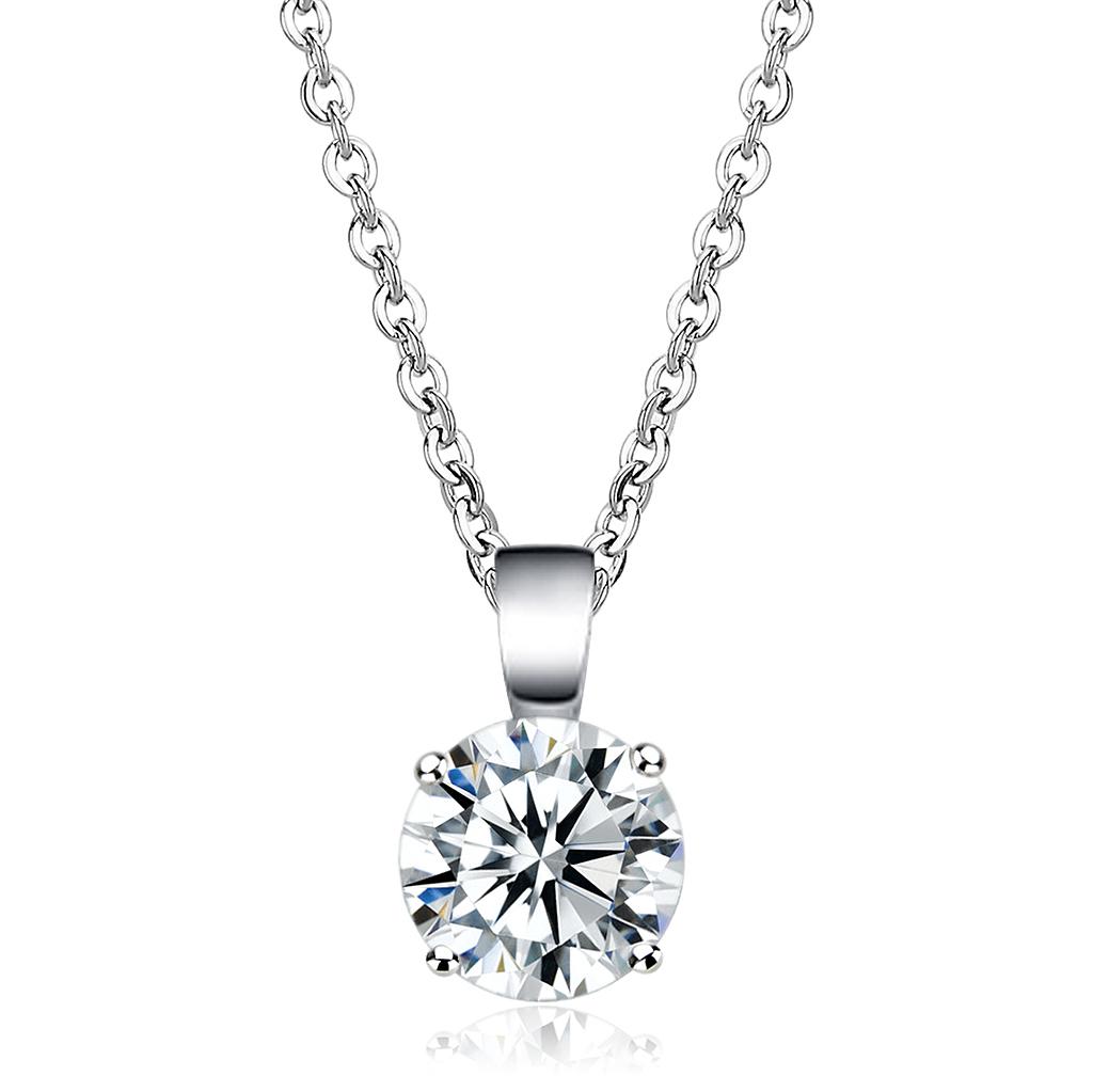 LO3933 Rhodium Brass Chain Pendant featuring a clear AAA Grade CZ stone, showcasing its elegant design and luxurious finish.