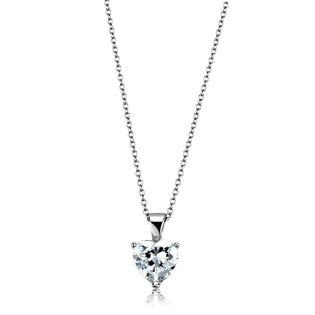 LO3936 Rhodium Brass Chain Pendant featuring a clear AAA Grade CZ stone, elegantly designed for versatile wear.