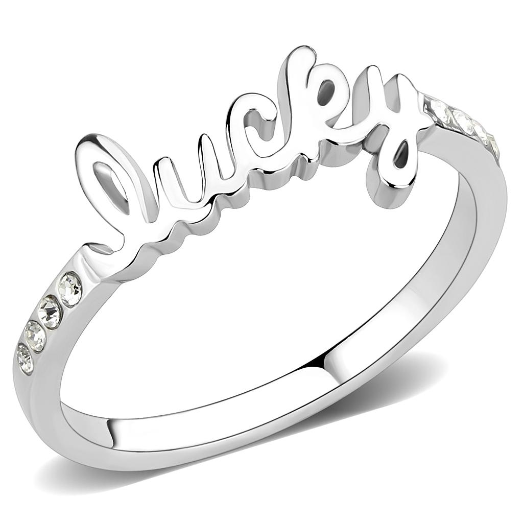 LO3972 Rhodium Brass Ring featuring a clear top grade crystal, elegantly designed for any occasion.