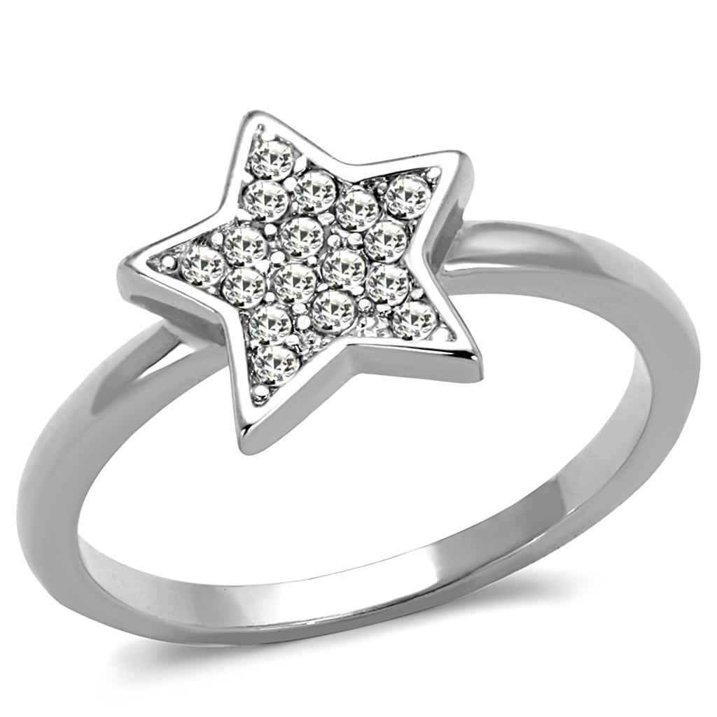 LO3980 Rhodium Brass Ring featuring a clear top grade crystal, showcasing its elegant design and luxurious finish.