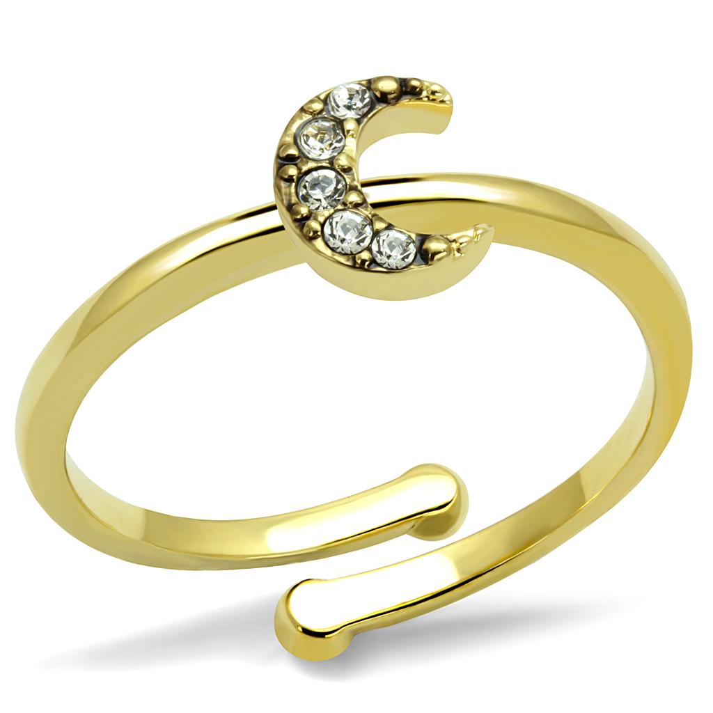 LO4046 Flash Gold Brass Ring featuring a clear top-grade crystal centerpiece, showcasing elegance and sophistication.