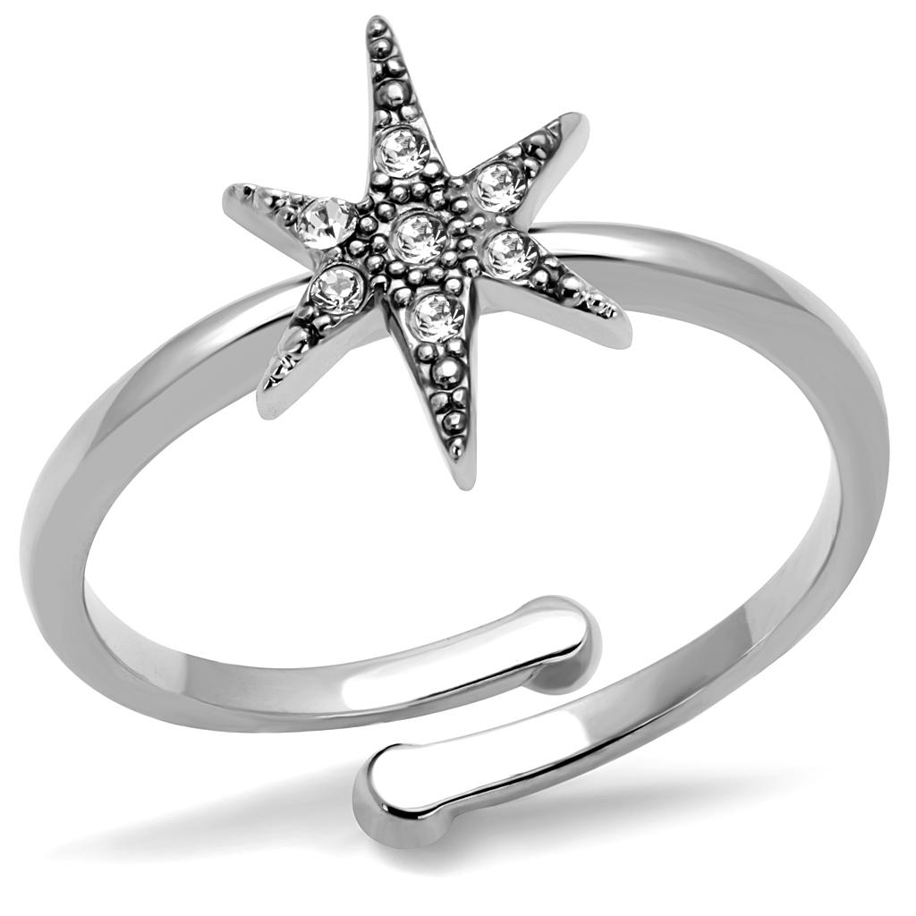 LO4051 Rhodium Brass Ring featuring a clear top grade crystal, showcasing its elegant design and luxurious finish.