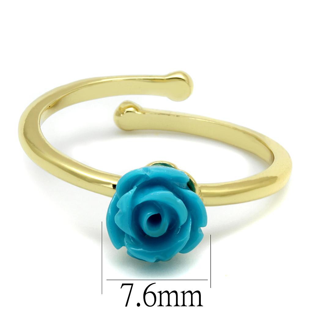 LO4060 Flash Gold Brass Ring featuring a Sea Blue Synthetic Stone, showcasing its elegant design and vibrant color.
