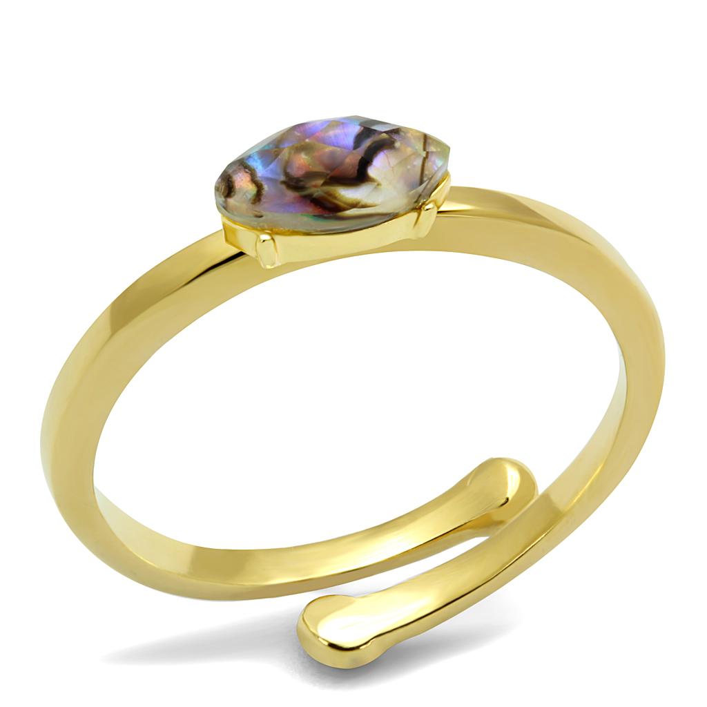 LO4062 Flash Gold Brass Ring featuring a vibrant multi-color Conch precious stone, elegantly designed for stylish wear.