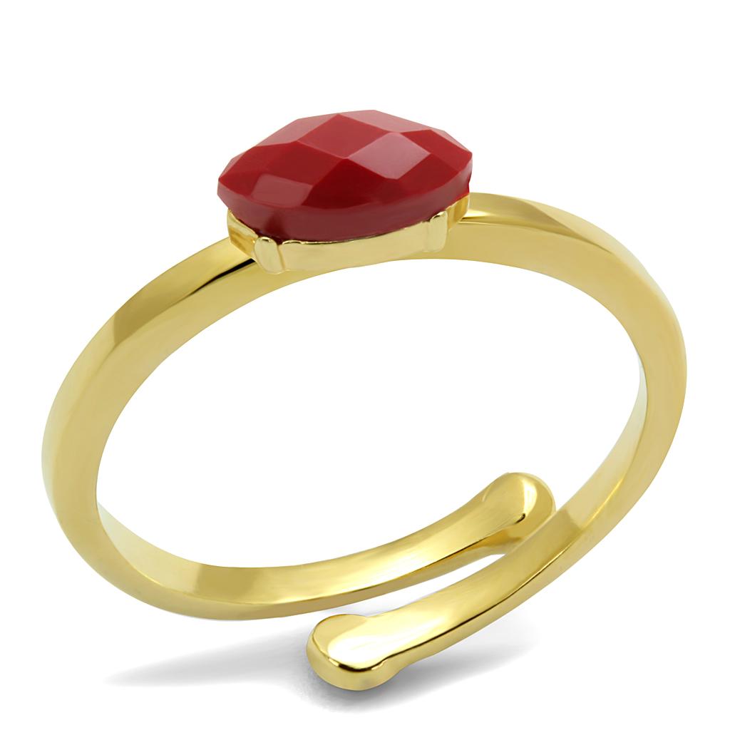 LO4063 Flash Gold Brass Ring featuring a vibrant Siam synthetic stone, elegantly designed for stylish wear.