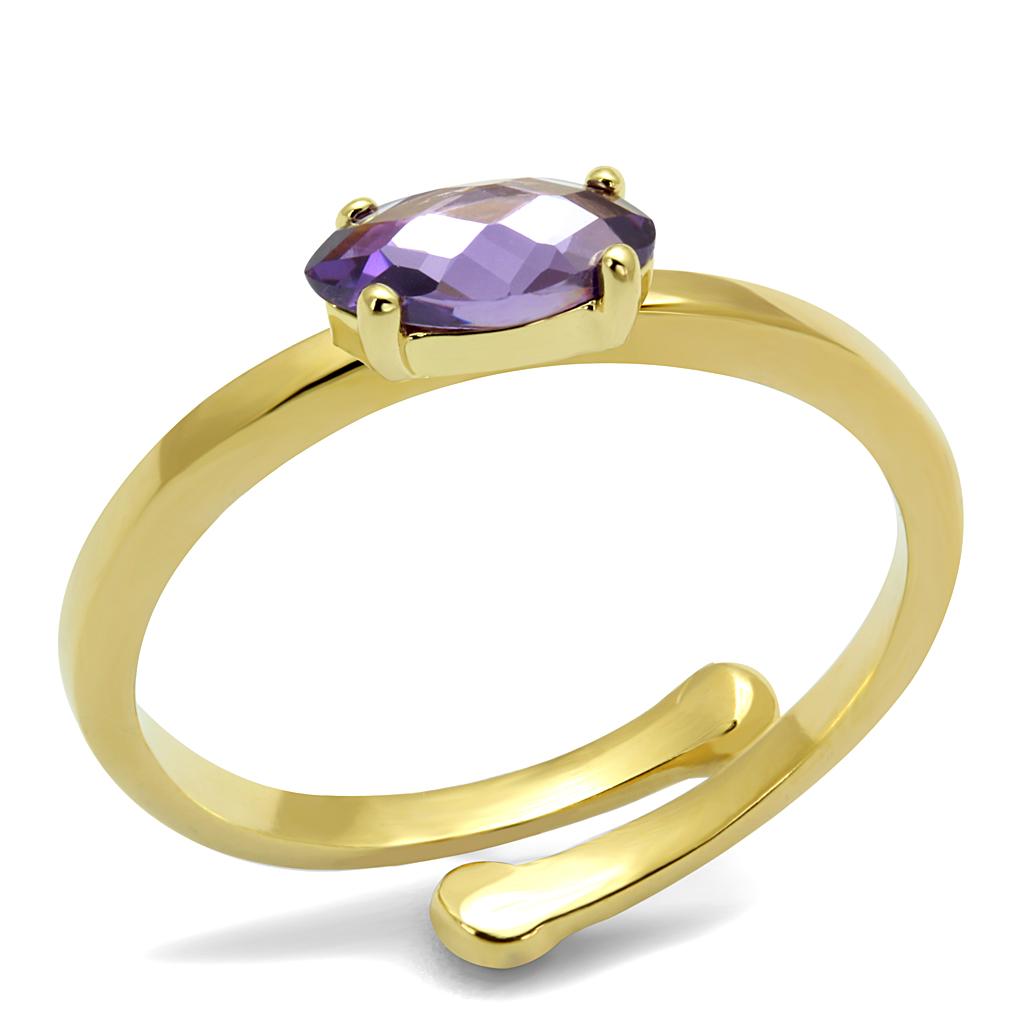 LO4068 Flash Gold Brass Ring featuring AAA Grade CZ in Amethyst, showcasing its elegant design and vibrant color.