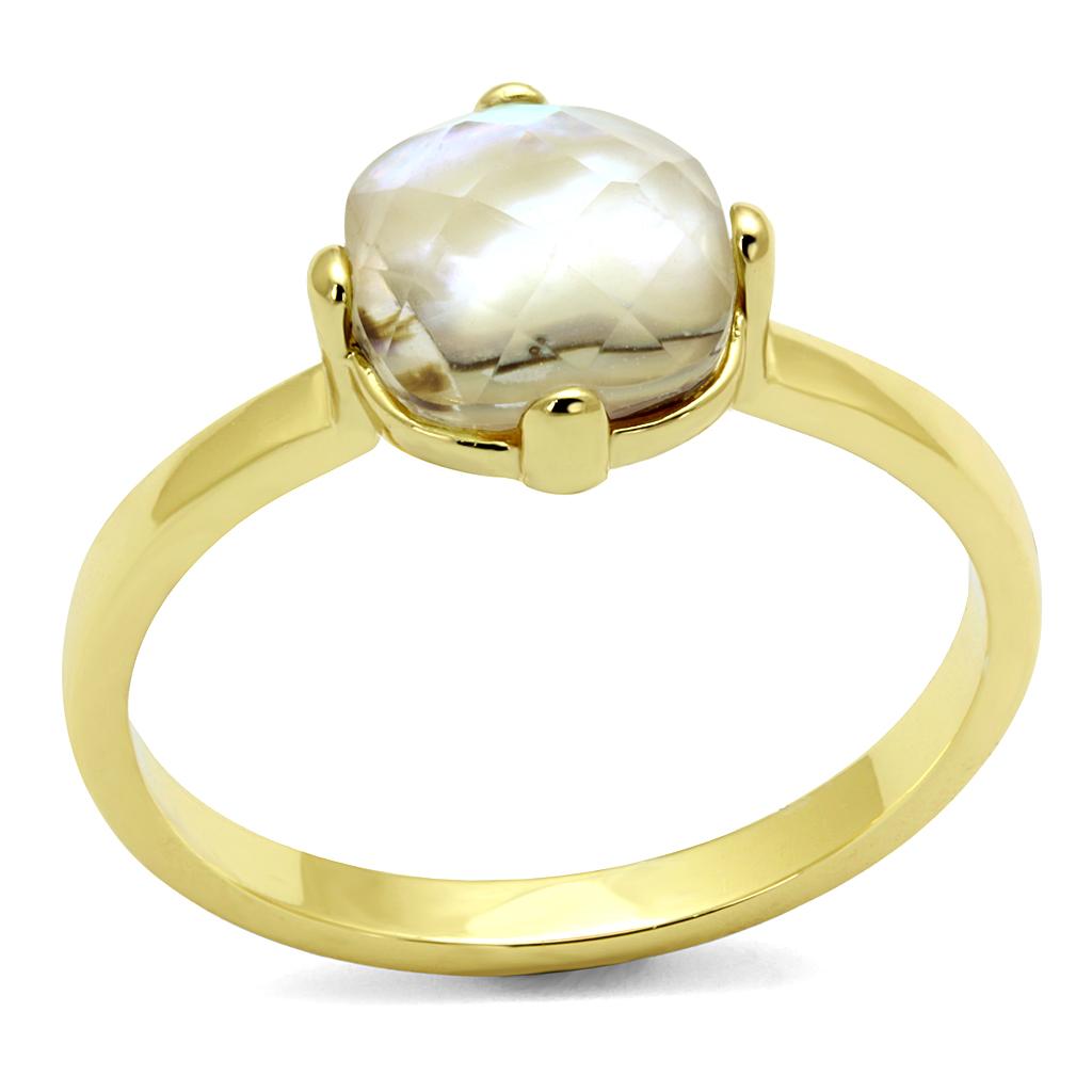 LO4071 Flash Gold Brass Ring featuring an Aurora Borealis Conch stone, showcasing a vibrant rainbow effect.