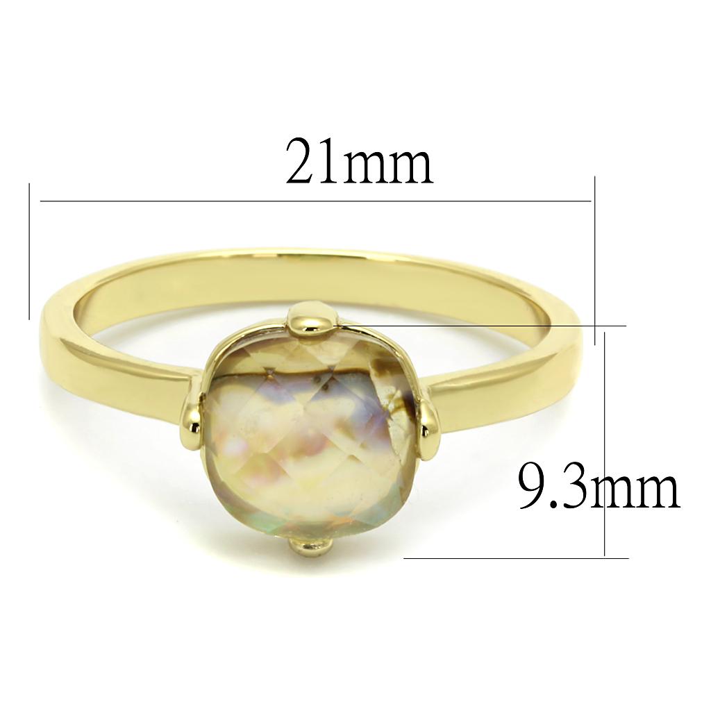 LO4071 Flash Gold Brass Ring featuring an Aurora Borealis Conch stone, showcasing a vibrant rainbow effect.