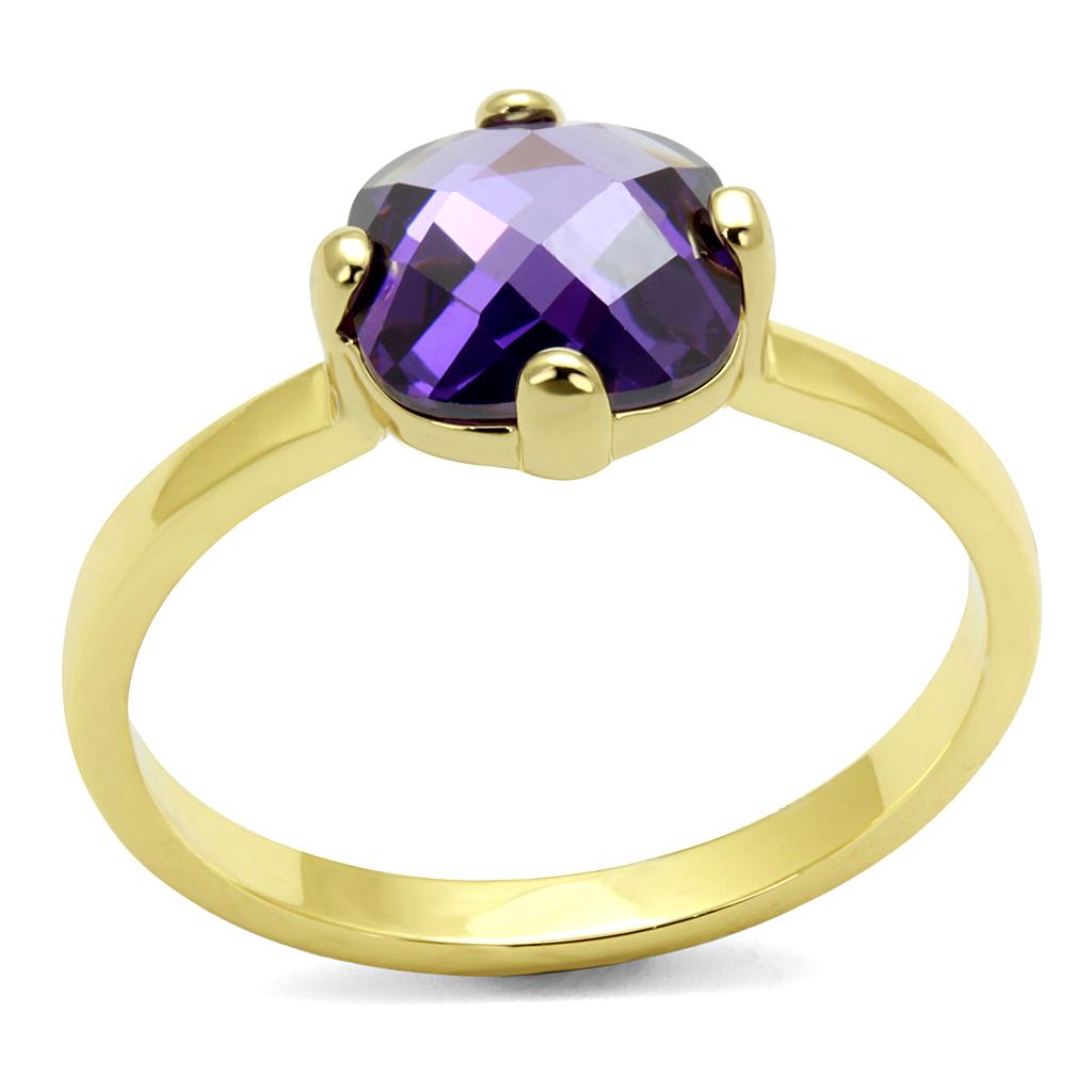 LO4076 Flash Gold Brass Ring featuring AAA Grade CZ in Amethyst, showcasing its elegant design and vibrant color.