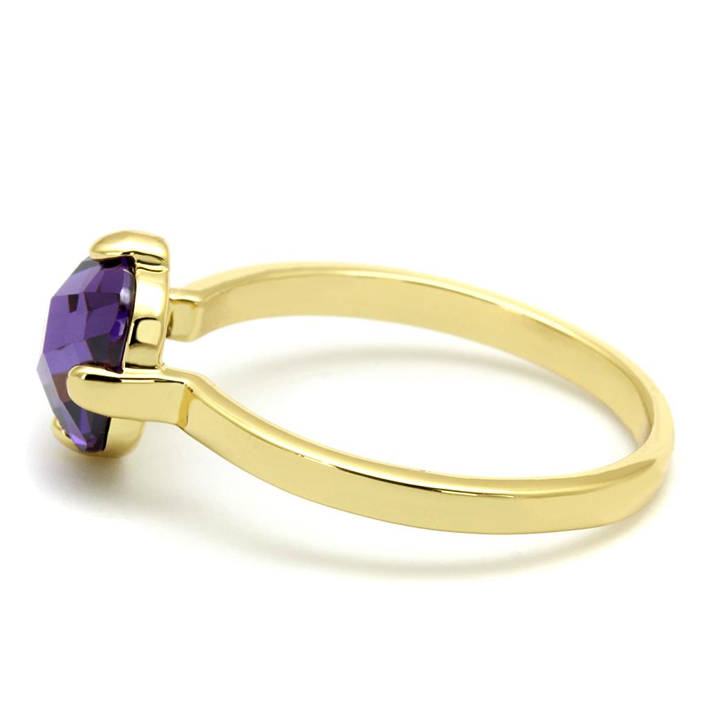LO4076 Flash Gold Brass Ring featuring AAA Grade CZ in Amethyst, showcasing its elegant design and vibrant color.