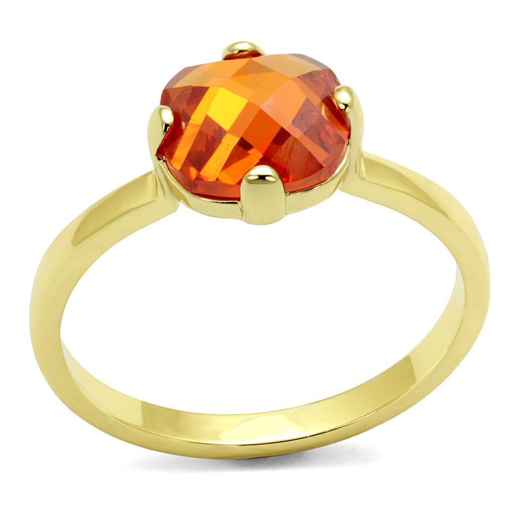 LO4079 Flash Gold Brass Ring featuring an orange AAA Grade CZ stone, showcasing its elegant design and vibrant color.