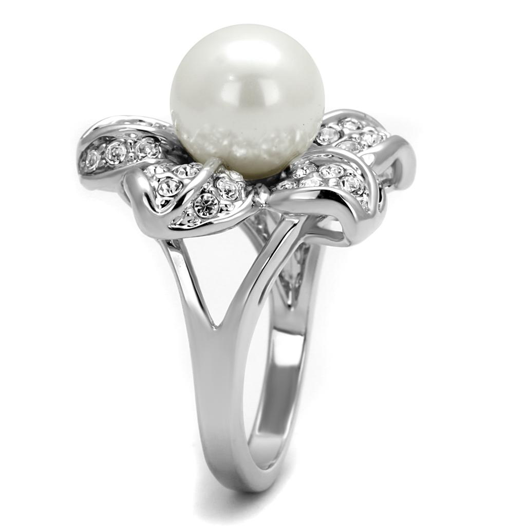 LO4088 Rhodium Brass Ring featuring a synthetic white pearl, showcasing its elegant design and shiny finish.