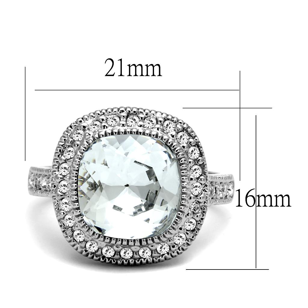 LO4092 Rhodium Brass Ring featuring a clear top grade crystal, showcasing its elegant design and shiny finish.