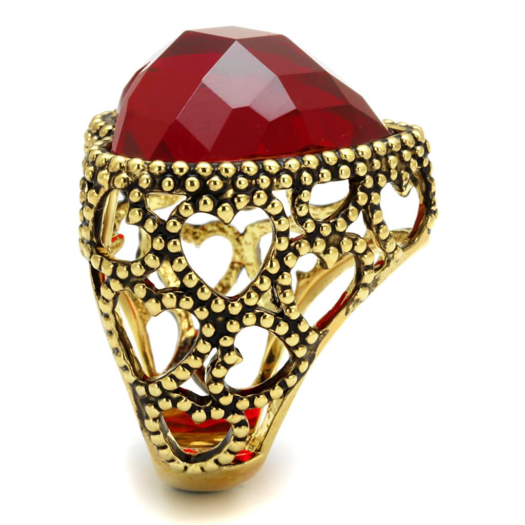 LO4102 Gold Brass Ring featuring a synthetic glass garnet stone, showcasing its elegant design and luxurious finish.
