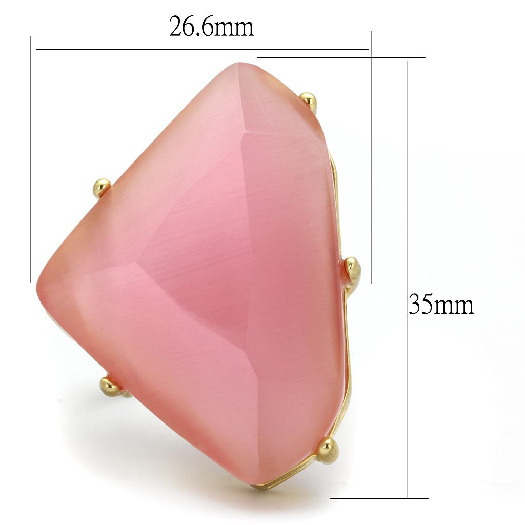 LO4104 Gold & Brush Brass Ring featuring a synthetic cat eye stone in rose color, showcasing elegant design and craftsmanship.